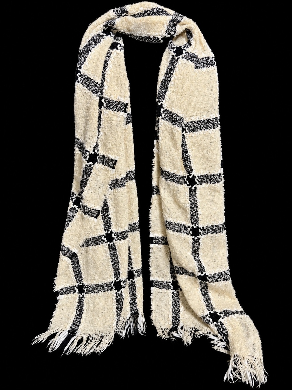 Neutral Windowpane Fringe Scarf - Cream & Black